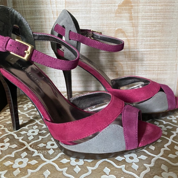 Grey, Purple and Fuschia Suede Strappy Heels, Size 8 - Picture 2 of 13